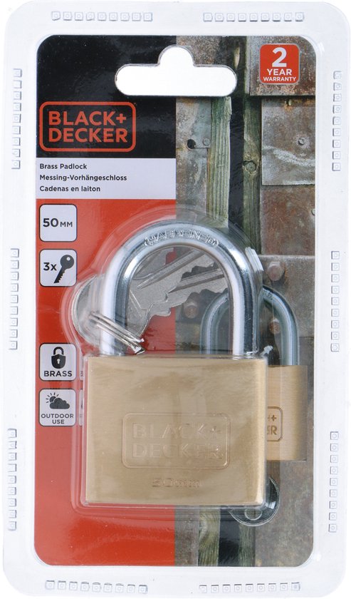 BLACK+DECKER Cadenas avec clé - 50mm - 3 clés incluses - Serrure en laiton massif