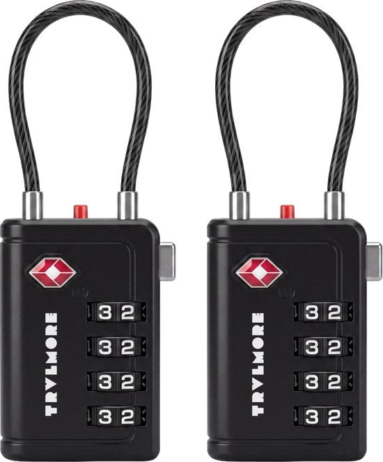 TRVLMORE Cadenas de valise avec câble - Certifié TSA - Fonction alarme - 4 chiffres - Lot de 2 - Noir