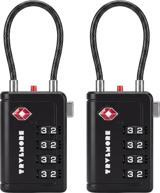 TRVLMORE Cadenas de valise avec câble - Certifié TSA - Fonction alarme - 4 chiffres - Lot de 2 - Noir