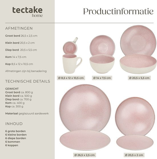 tectake® Service de table Mare - 30 pièces - Grès à émail brillant - Pour 6 personnes - Service de table fait main - Service de table moderne comprenant des grandes et petites assiettes, des bols, des coupelles et des tasses - Lavable au lave-vaisselle et
