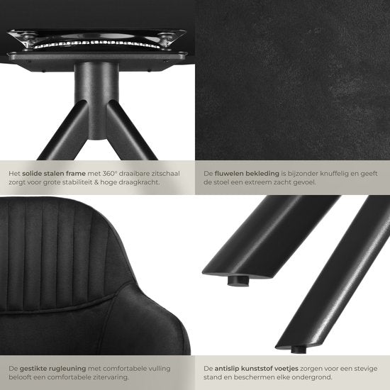 tectake® Chaise pivotante en velours - Chaise de bureau - Chaise de salle à manger avec accoudoirs - Chaise de bureau en velours, chaise de cuisine, chaise de salon - 56 x 59 x 81 cm - Noir/noir