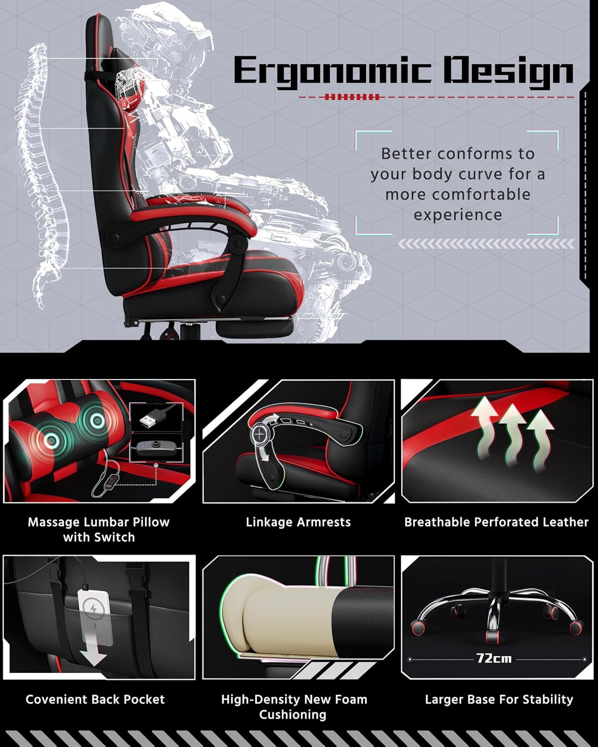 Fauteuil gaming ergonomique Yaheetech - Repose-pieds et coussin de massage - Noir/rouge