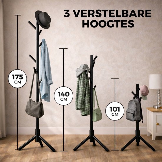 Bayt Porte-manteau - Porte-manteau sur pied - Porte-manteau bois - Porte-manteau sur pied - Porte-manteau - 8 crochets - 175 cm - Noir