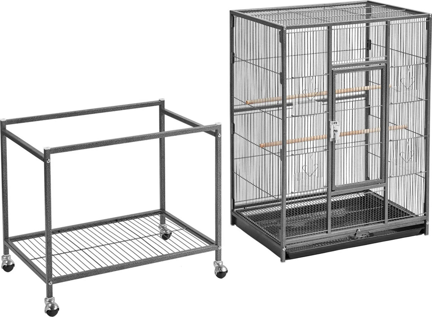 Yaheetech Cage à oiseaux avec base mobile - Avec tiroir amovible et étagère de rangement supplémentaire et 4 mangeoires - Pour perruches, pinsons et canaris - Métal noir peint par poudrage - 61 x 43 x 136 cm