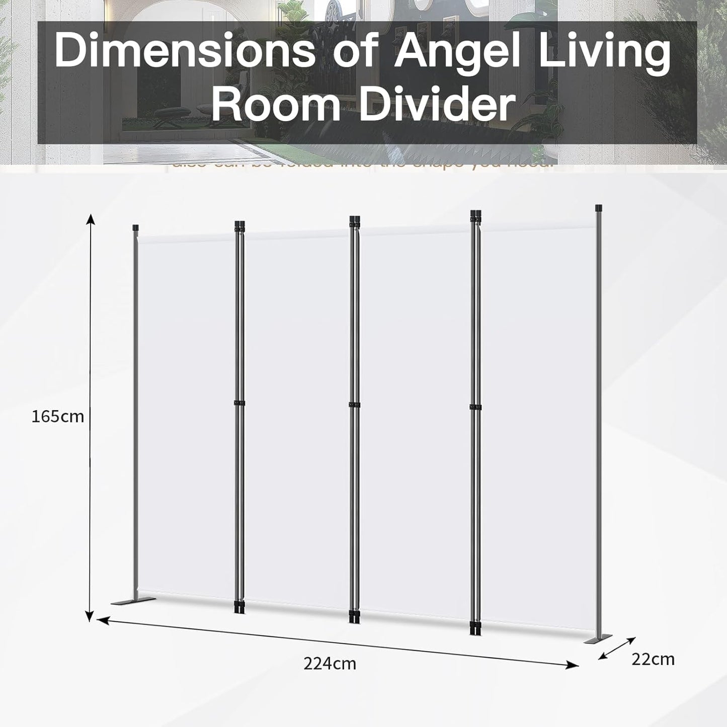 Angel Living Paravent de chambre - 4 pièces - 224x165 cm - Pliable - Acier et polyester - Autoportant - Séparation de pièces et intimité - Blanc