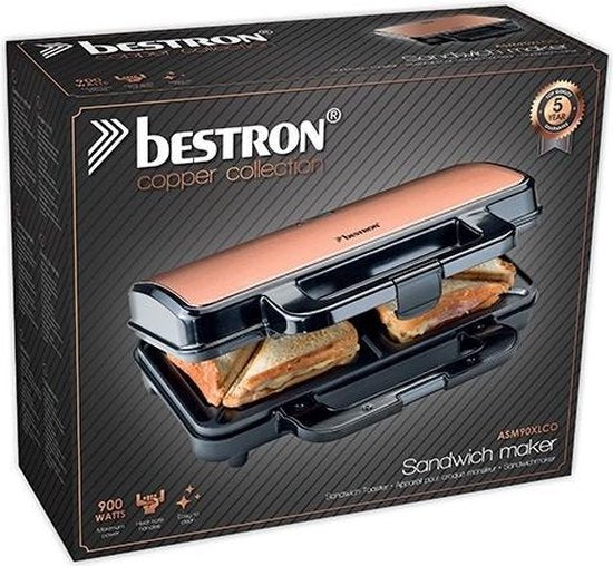 Appareil à croque-monsieur Bestron - ASM90XLCO - 900 W - Pour 2 croque-monsieur - Revêtement antiadhésif - Cuivre - Garantie 5 ans