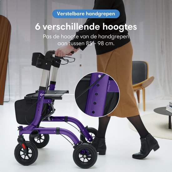Rollator Safe Age® léger et pliable - Roues en caoutchouc - Siège intégré - Pour l'intérieur et l'extérieur - Dossier et support pour canne - Violet