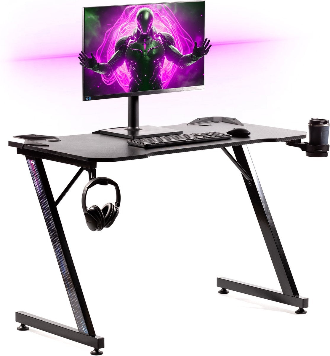 Gadgy Game Desk Carbon - Gaming Desk 110 CM Wide - Gaming Desk with Carbon Details - Gaming Table with Headphone Holder, Cup Holder & Cable Tunnel - Level Up Gaming with Gadgy - Black Carbon