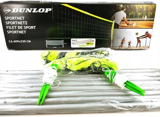 Dunlop Sports Net 609 x 220 CM - Filet de volley-ball - Filet de tennis - Filet de badminton - Set complet avec bâtons, filet, piquets de sol et cordes de tension - Utilisation multifonctionnelle - Vert/Noir