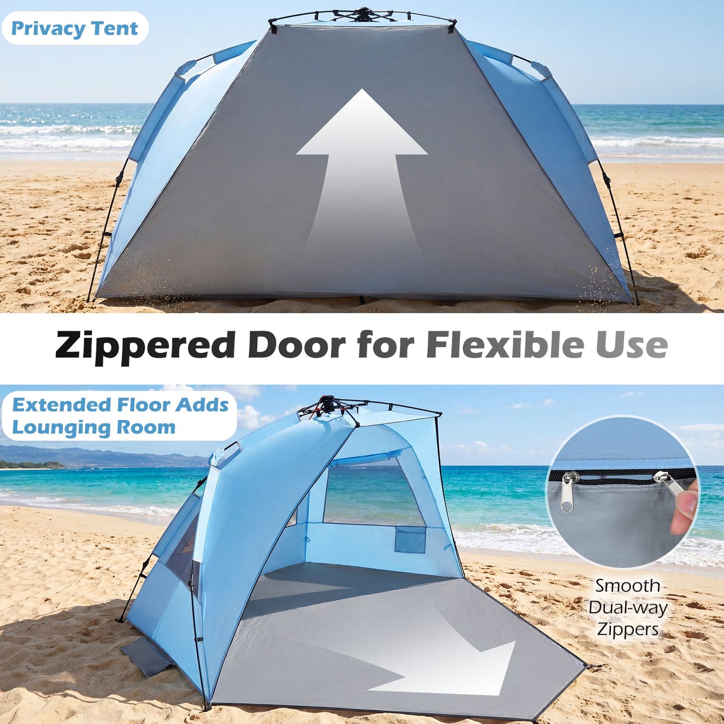 Tente de plage pop-up Coast pour 3-4 personnes - Gris/Bleu - 278 x 140 x 142 cm - Sac de transport, piquets et sacs de sable inclus