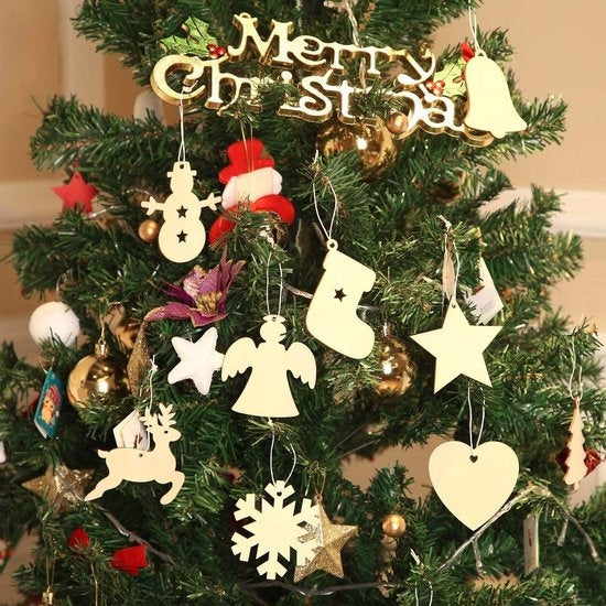 Giftmas Boules de Noël en bois - Décorations de Noël pour l'intérieur - Boule de Noël en bois - Noël - 10 Formes - ?7.5cm - 50 Pièces