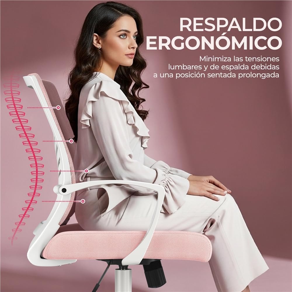 Chaise de bureau pivotante Yaheetech - Tissu maillé - Rose - Soutien lombaire ergonomique - Hauteur réglable - Fonction d'inclinaison