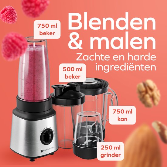 KitchenBrothers Blender - Set complet - 2x 750ml Bowl - Grinder - Tamper - To-Go Cups - Acier inoxydable