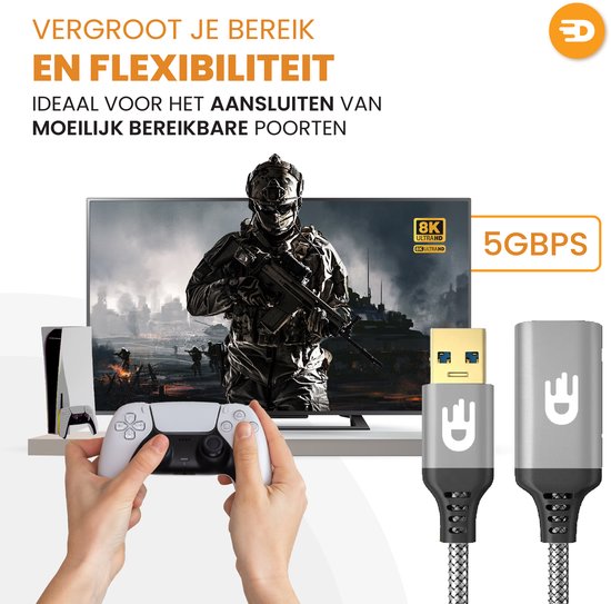 Drivv. Rallonge USB Premium 3.0 - Mâle vers femelle - Câble de données USB - Transfert rapide - 5 Gbps - Nylon - 3 mètres - Gris