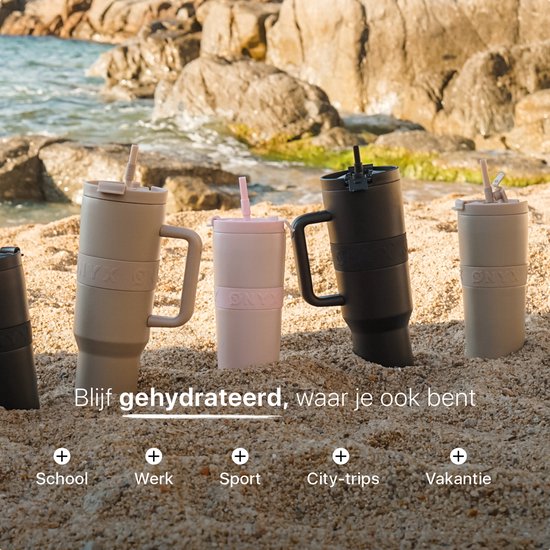 ONYX Bouteille à boire avec paille 1 litre - Bouteille d'eau pour enfants et adultes - Mug Thermos Mug de voyage en acier inoxydable - Buveur motivé - Tasse à boire pour l'école - Noir Onyx