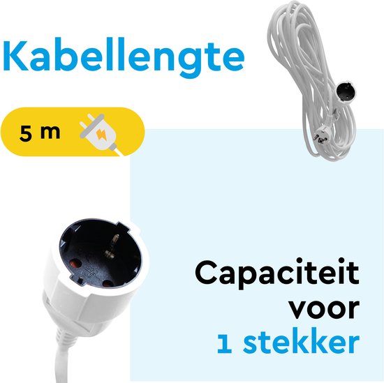 BRASQ Rallonge électrique 5 mètres blanche - Câble de rallonge avec prise de terre - Câble de rallonge pour usage intérieur