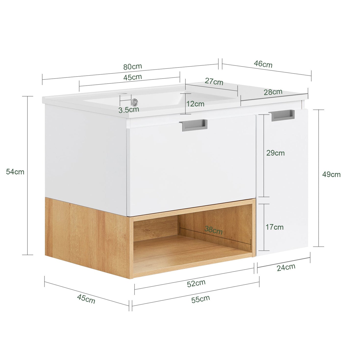 SoBuy BZR178-WN Meuble sous-lavabo - 80x54x46 cm - Blanc/Naturel - Meuble de salle de bains étroit