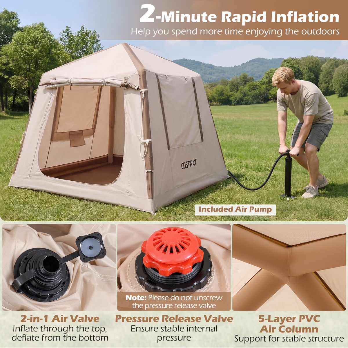 Tente de camping gonflable Coast - 2 à 4 personnes - Pompe et sac de transport inclus - Kaki - 210 x 210 x 180 cm