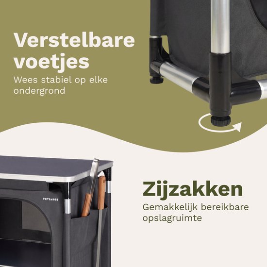 TRVLMORE Meuble de camping - Cuisine de camping - Capacité de charge de 70 kg - Structure en aluminium - Pliable - Sac de transport inclus - 50 x 60 x 72 cm - Gris