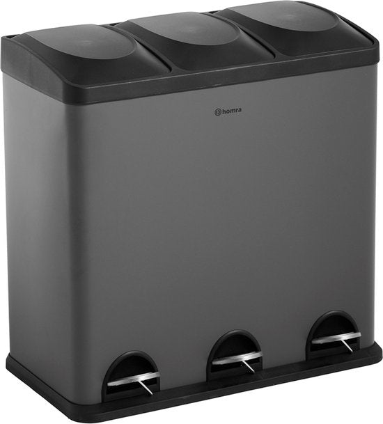 Homra MAXER Poubelle - 3 Compartiments - 60 Litres (3x 20L) - Poubelle à pédale - Gris