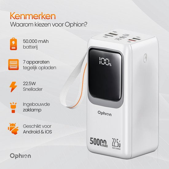 Ophion® Powerbank PRO 50 000 mAh – 7 ports de recharge – Recharge rapide – Chargeur rapide 22,5 W pour USB-C, USB-A, Micro-USB – Câble inclus – Kit d'urgence – Blanc