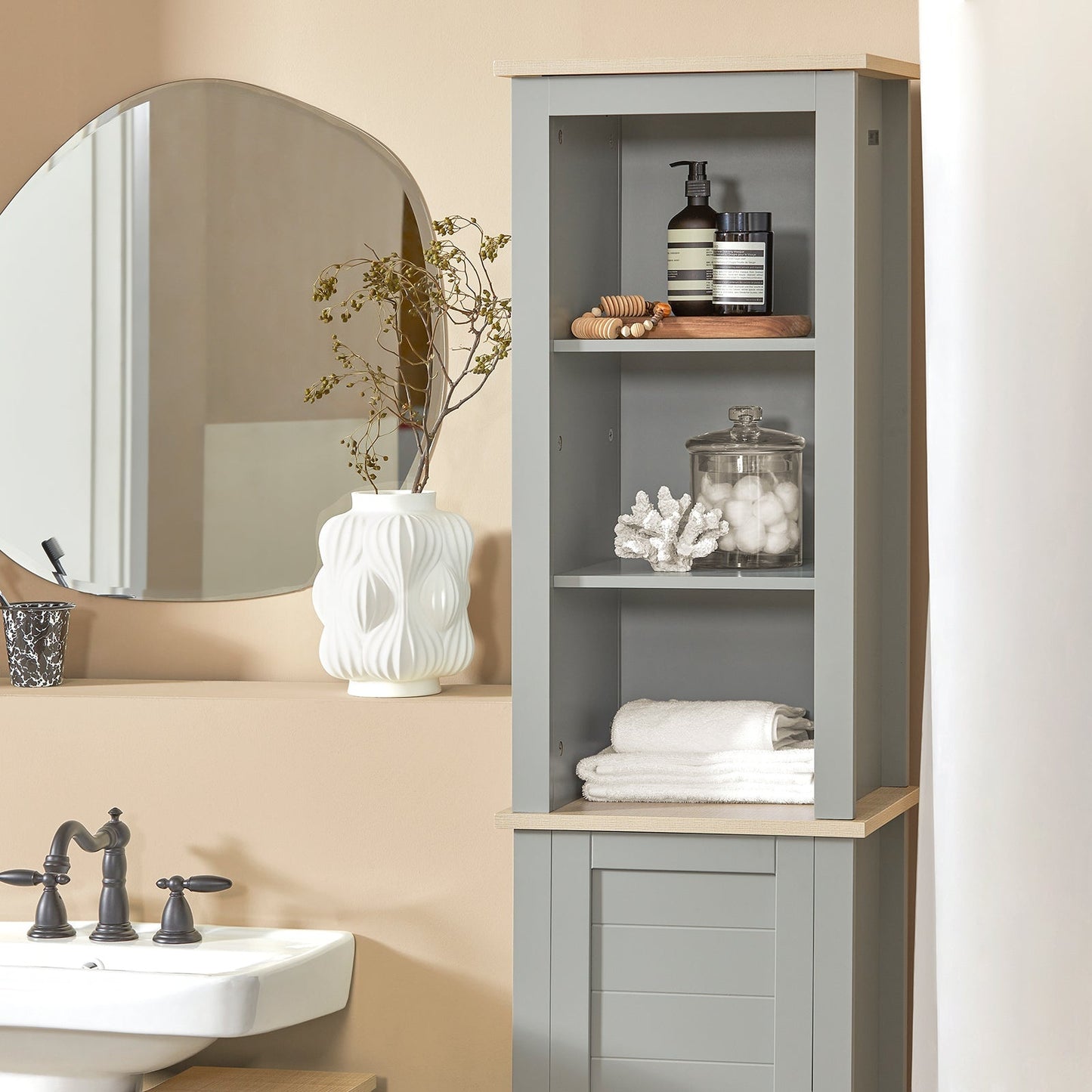 SoBuy Meuble colonne de salle de bain - 1 porte - 3 étagères - 39 x 30 x 169 cm - Gris