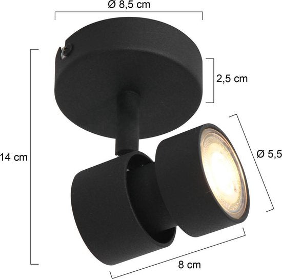 Spot Natasja 7901ZW : spot noir à 1 focale en métal avec ampoule GU10 à intensité variable, design moderne et orientable, adapté à un usage intérieur, Steinhauer