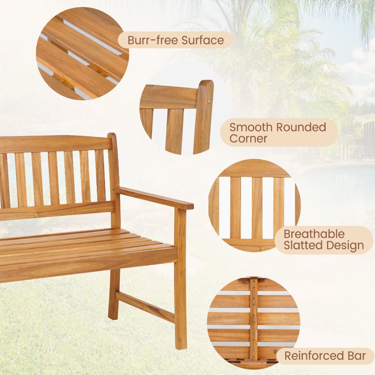 Banc de jardin Coast - Bois d'acacia massif - 2 places - Capacité de charge jusqu'à 360 kg - Finition naturelle - 110 x 56,5 x 86 cm
