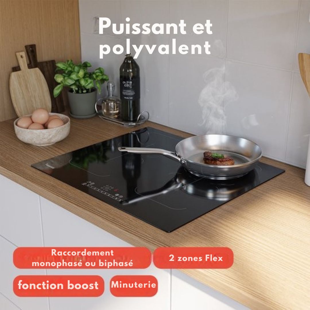 Plaque de cuisson à induction KitchenBrothers -  encastrable - 60 cm - 4 zones - 2x Flexzone - 1 et 2 phases - Jusqu'à 2400W - Noir