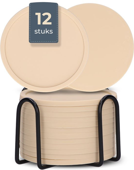 Castagnola Sous-verres en silicone - Sous-verres pour verres - Sous-verres design avec support - Set de sous-verres - Antidérapant - Lot de 12 - Beige