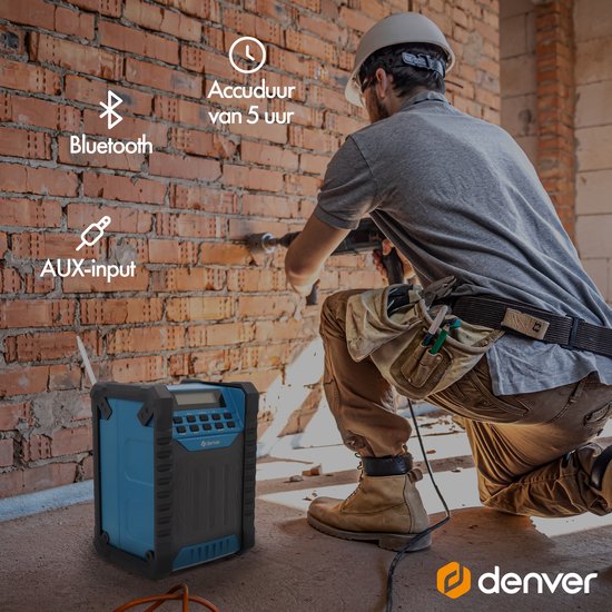 Denver Construction Radio DAB - Bluetooth - avec batterie - AUX - FM - USB-C - résistant aux éclaboussures - WRD60