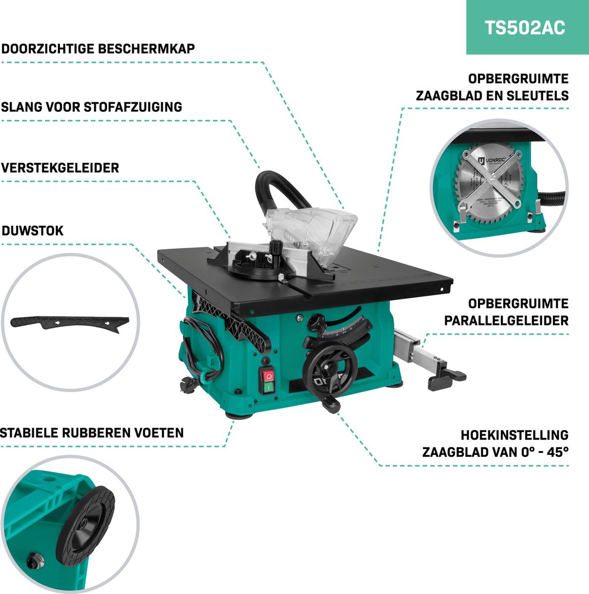 VONROC Table de sciage - modèle compact - 1500W - 5000rpm - Ø210mm - Lame de scie 40T incluse