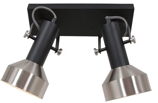 Spot de plafond Acier 3338ZW Noir, 2 douilles E27, orientable et inclinable, plastique et métal, style moderne, Mexlite