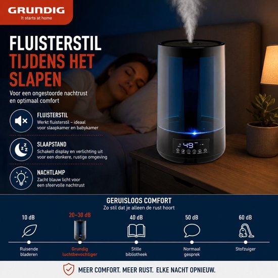 Humidificateur Grundig HD-1903A - Humidificateur à ultrasons 4,3 L - avec minuterie et veilleuse - Télécommande incluse - Noir