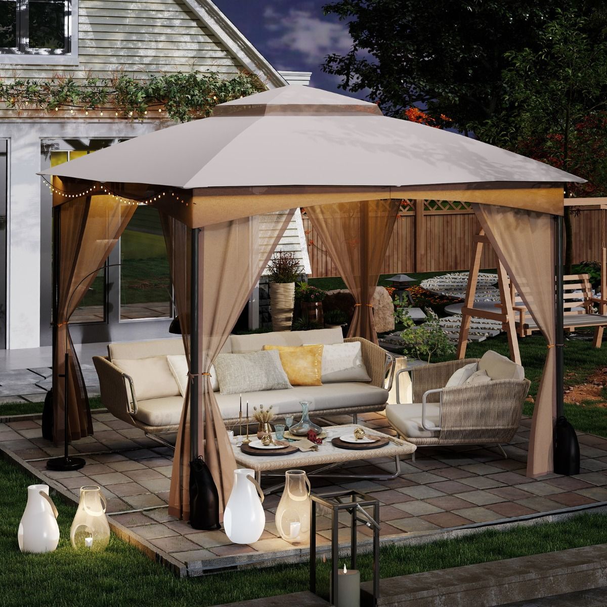 Pavillon de jardin Coast - double toit - moustiquaire et sacs de sable - kaki 3 x 3 m