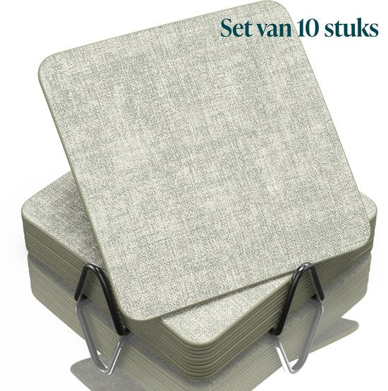 Sous-verres en simili cuir Castagnola – Sous-verres pour verres – Sous-verres design avec support – Lot de sous-verres en cuir avec support métallique – Cuir – Lot de 10 – Vert mélangé – 10 x 10 cm