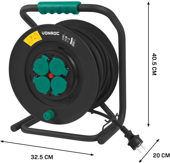 VONROC PRO Enrouleur de câble 50m - IP44 - Câble néoprène H07RN-F 3x1,5 mm² - 4 prises Schuko mises à la terre - 3000W (déroulé)/1100W (enroulé) - Âme solide - Protection thermique