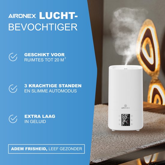 Aironex Humidificateur 3,8 litres - Topfill - Aroma - Humidificateurs - Humidificateur - Convient pour le salon, le bureau, la chambre de bébé, la chambre à coucher