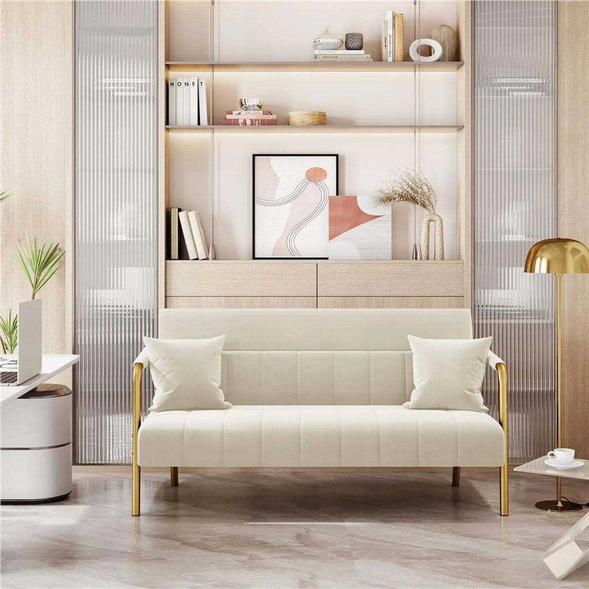 Canapé 2 places rembourré avec accoudoirs et pieds en métal, beige, 143,5 × 71,5 × 75,5 cm