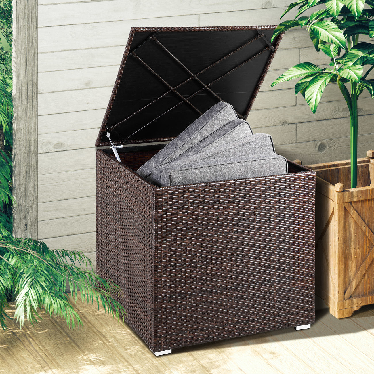 Boîte de rangement Casaria en polyrotin - marron - 75x75x70 cm - avec sac hydrofuge
