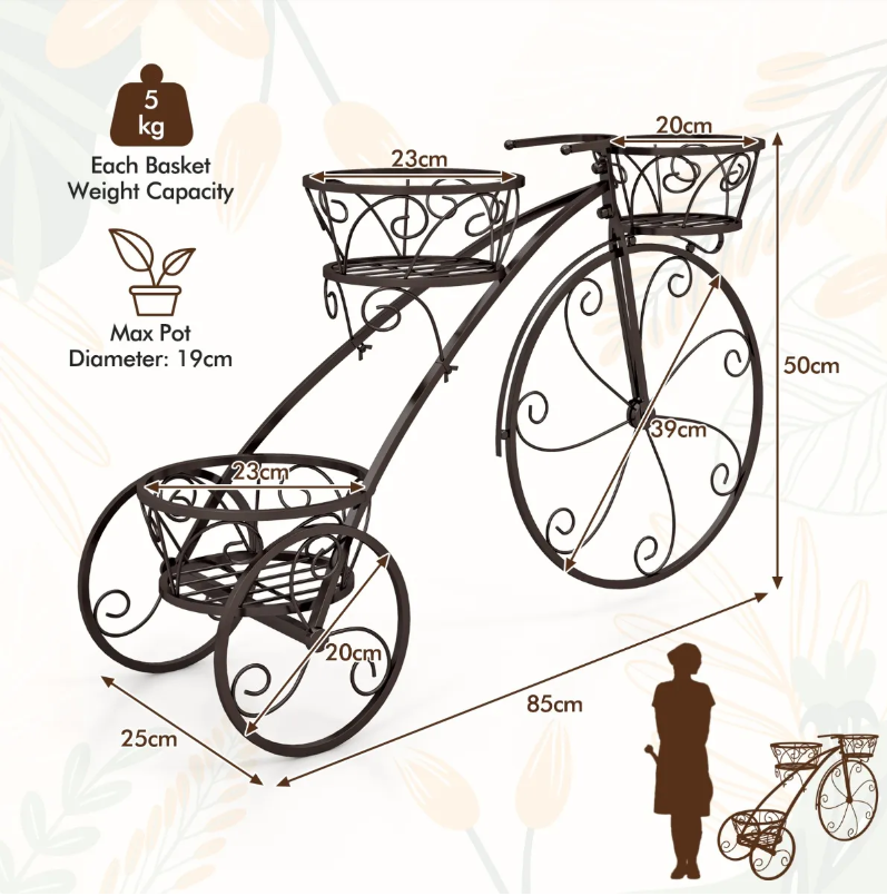 Coast Three-Whelleled Plant Stand 85x25x50 cm - Support à fleurs en métal à 3 couches en bronze - Pour l'intérieur et l'extérieur