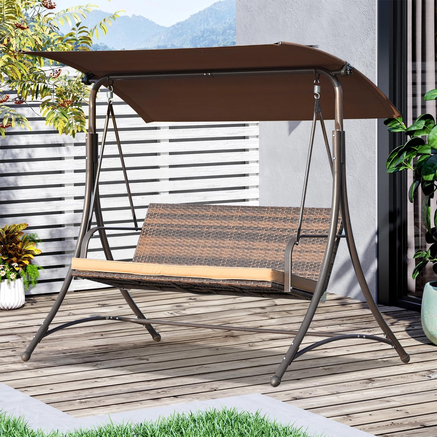 Angel Living - Balançoire Hollywood - Balançoire de jardin en rotin 3 places - Auvent réglable - Marron - 170 x 110 x 152 cm