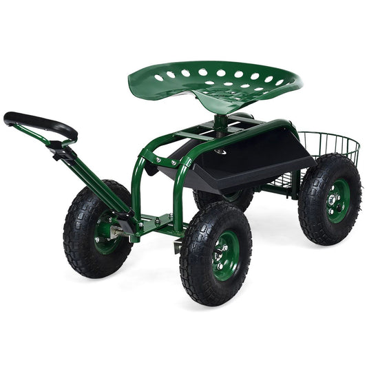 Chariot de jardin Coast avec poignée réglable - siège ergonomique - panier de rangement et bacs à outils - vert
