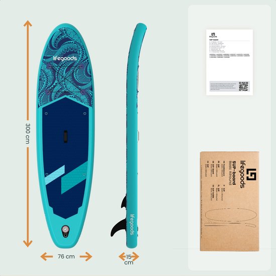 LifeGoods SUP Board All-round Compact - avec siège - capacité de charge de 100 KG - 300 x 76 cm - gonflable - ensemble complet de SUP - bleu