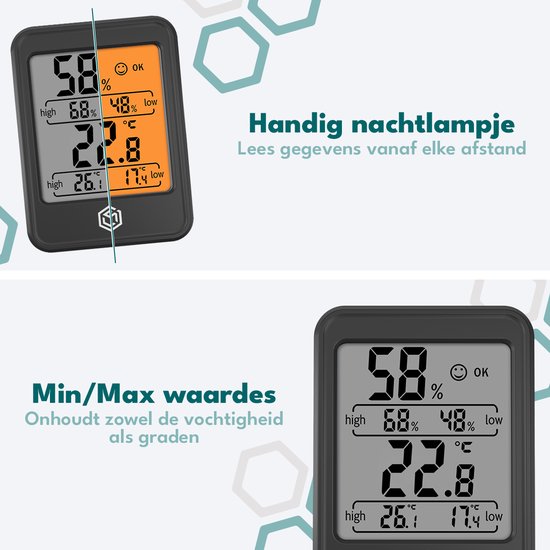 Ease Electronicz Hygromètre Min/Max - Humidimètre - Station météo numérique - Humidimètre - Thermomètre d'intérieur - Avec éclairage