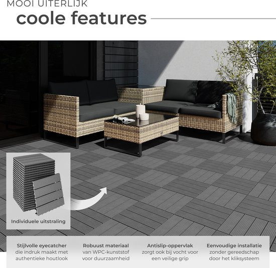 tectake® WPC wood tiles - Dalles aspect bois - Résistant aux intempéries - Sol extérieur - Dalles de sol - Sol de balcon - Dalles de terrasse avec système click - Drain - Lot de 22 - Gris