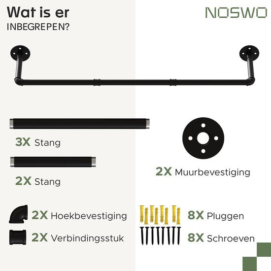 Noswo Wall Clothes Rack - Tringle à vêtements en acier de haute qualité - Tringle à vêtements - Tringle à penderie - 112 x 23.6 CM - Noir