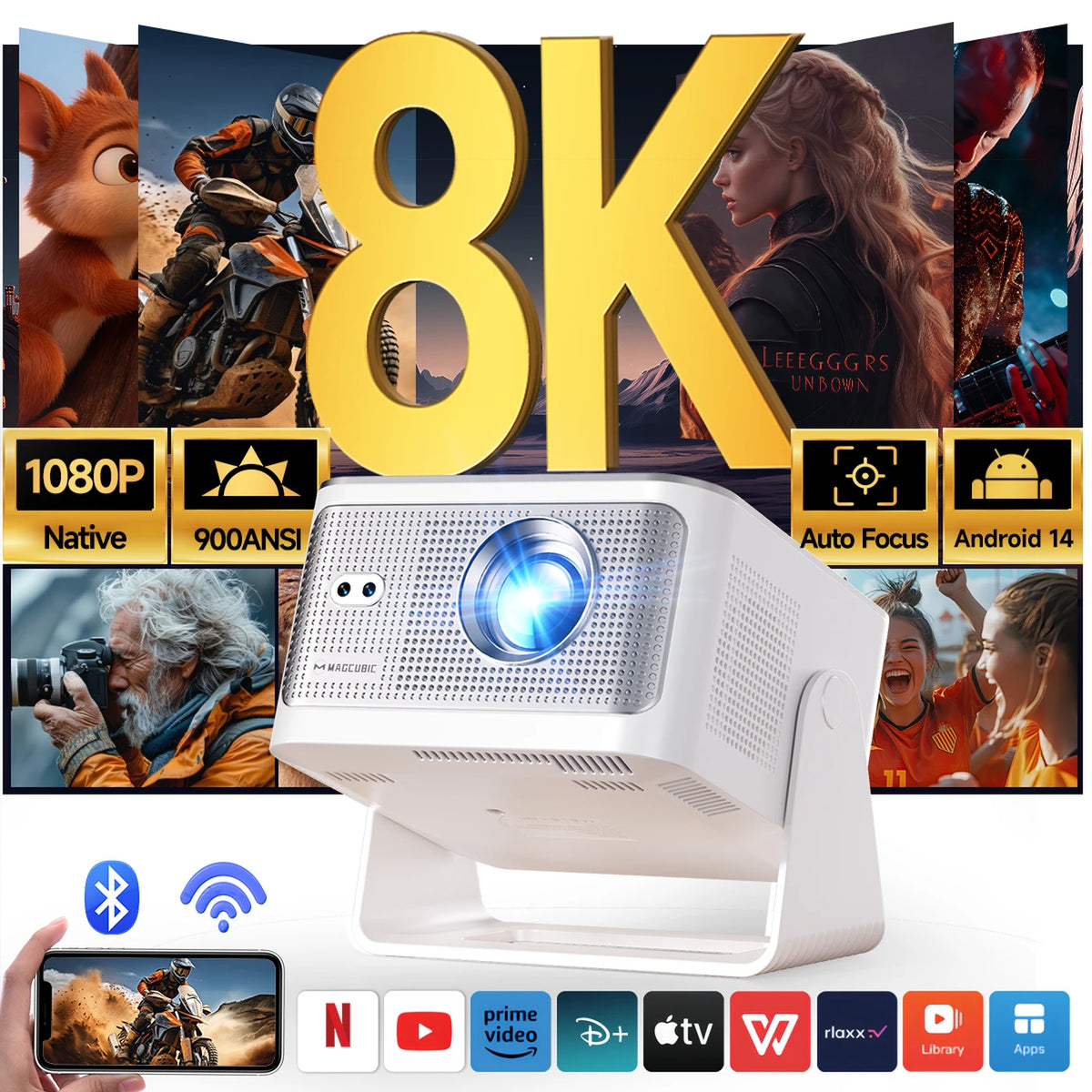 Projecteur Magcubic HY350 Max Smart – Full HD 1080p natif – 900 ANSI – Android 14 – Mise au point automatique – Pivotant à 180° – Wi-Fi 6 – Bluetooth 5.4 – Noir