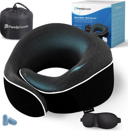 PurelyGoods® Neck Pillow - Luxury Travel Pillow Set - Memory Foam - Airplane & Car - Black - Incl. Sleep Mask and Earplugs