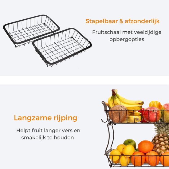 Posity Fruit Bowl 2 Layer - Fruit Basket - Fruit Etagere - Vegetable Basket - Wire Basket - With Banana Holder - Wood & Metal - Black